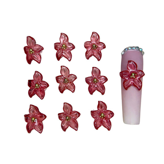 Set 8Pcs Gel 3D Red Orchid Christmas Flowers Nails Charms Handmade by Gel, Design For Medium & Long Nail 3D Flower For Nail Art Floral Salon Decor For Women Girls (Red Orchid Christmas -Medium 8PCs)