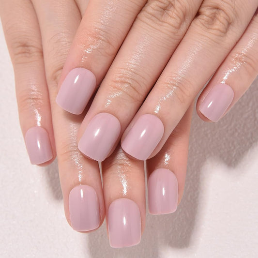 evpct Mauve Pink Glossy Press on Nails Short Square, Glossy Mauve Fake Nails Summer Reusable, Acrylic False Nail Stick on Press ons for Women Gifts, Perfectly Fit False Nail Kit with Kits 30Pcs
