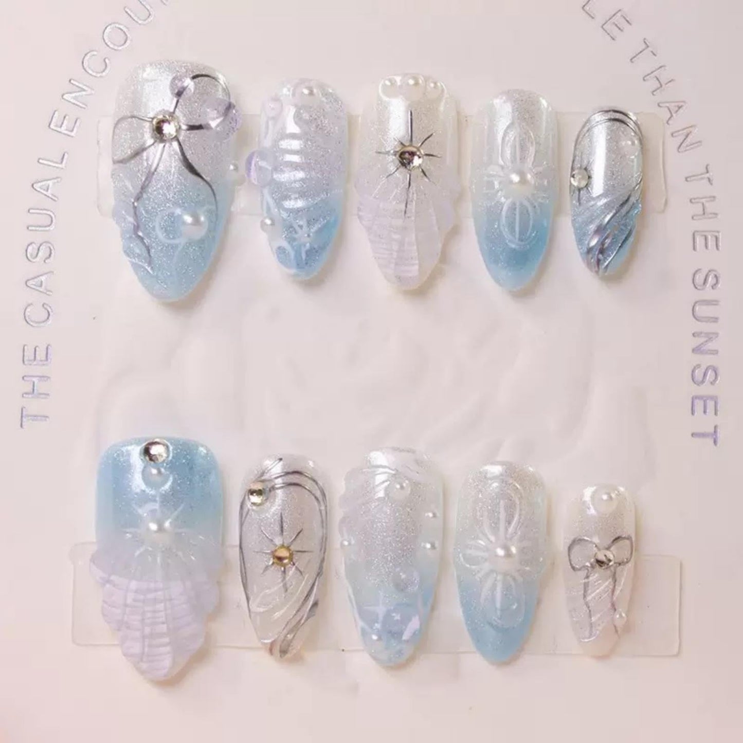 100% 5D Handmade Press on Nails with Charms Medium Almond Nails Press ons- Silver Seashell False Nails Ombre Blue White Press on Nails Summer Fake Nails for Women Girls Daily Wear DIY Manicure Size S