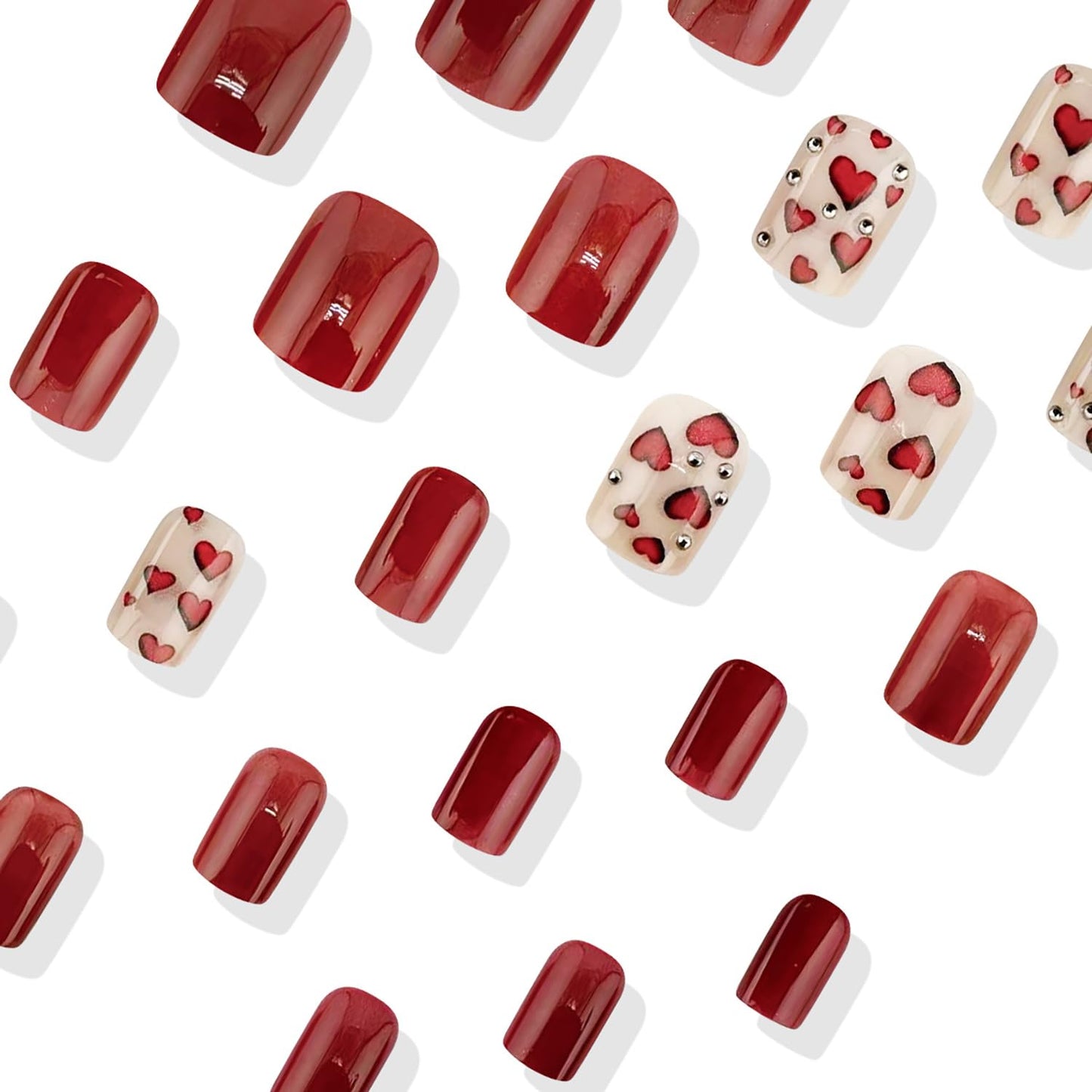 Valentine's Cat Eye Press on Nails Medium Square Red Love Heart 3D Steel Balls Design Valentine's Nails Charm Artificial Nailsl Full Cover Glossy Heart Stick on Nails 24Pcs Glue on Nails for Women