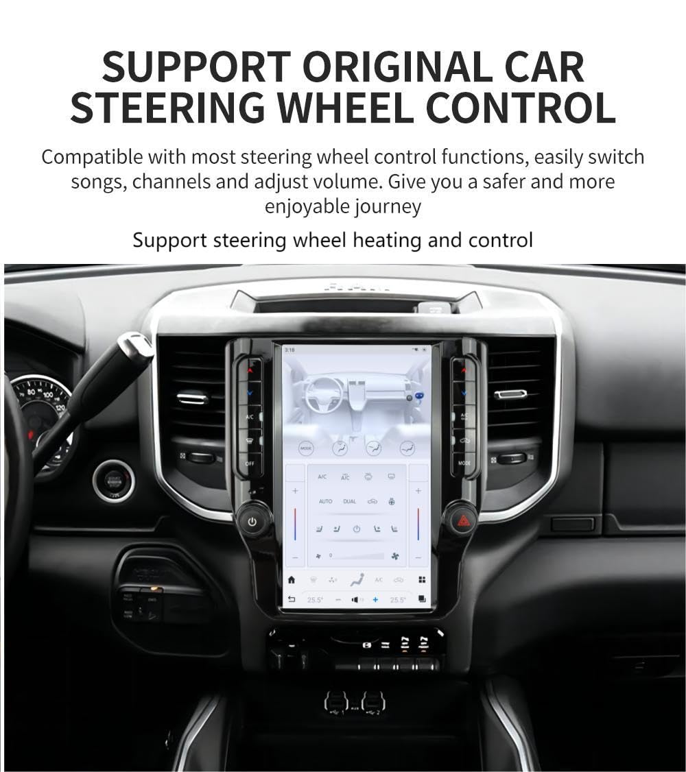 Large Touch Screen Car Navigation Radio for Dodge 2019-2024 RAM 1500 2500 3500，Tesla Style 12.1 Inch，Apple CarPlay GPS Music Video Web Player app Download，and retain All Original Vehicle Functions