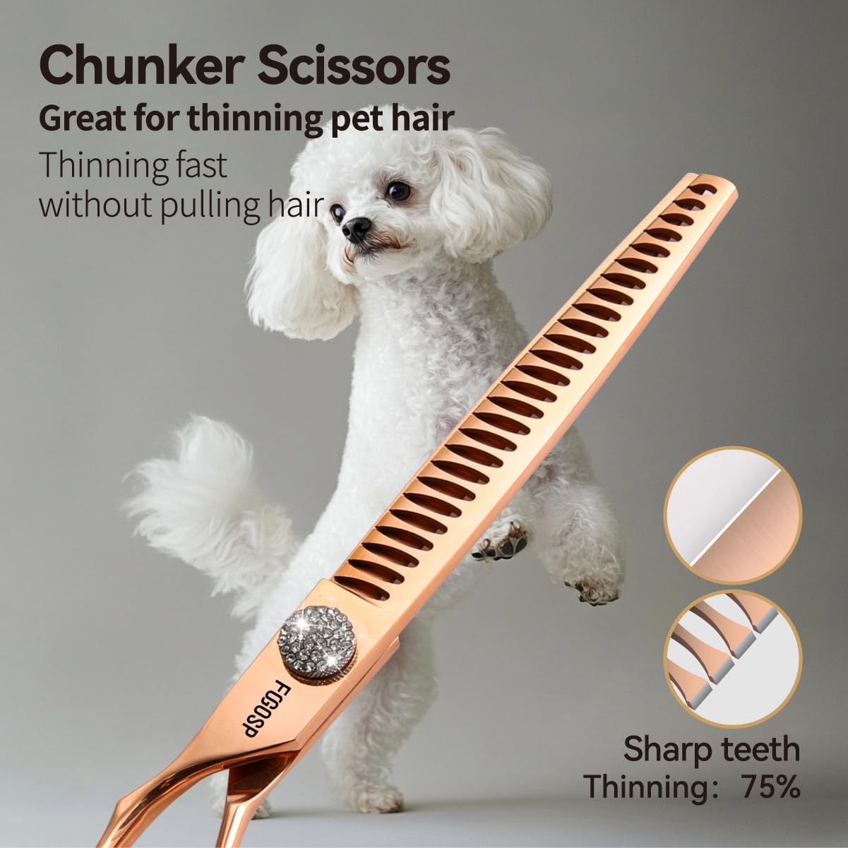 FOGOSP Left Handed Dog Grooming Scissors Set 4PCS Rose Gold Titanium Curved Thinning Straight Chunkers Shears Kit with White Artificial Diamonds Ergonomic Offset Handle Japan 440C