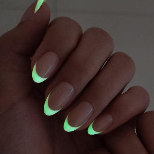 White French Tip Press on Nails Almond - SHANGMENG Glow in The Dark Short Nails for Women, Seamless Fit & Glossy Soft Gel Glue On Nails in 16 Sizes - 32 Fake Nails Kit with Glue, Moonlit Ballet