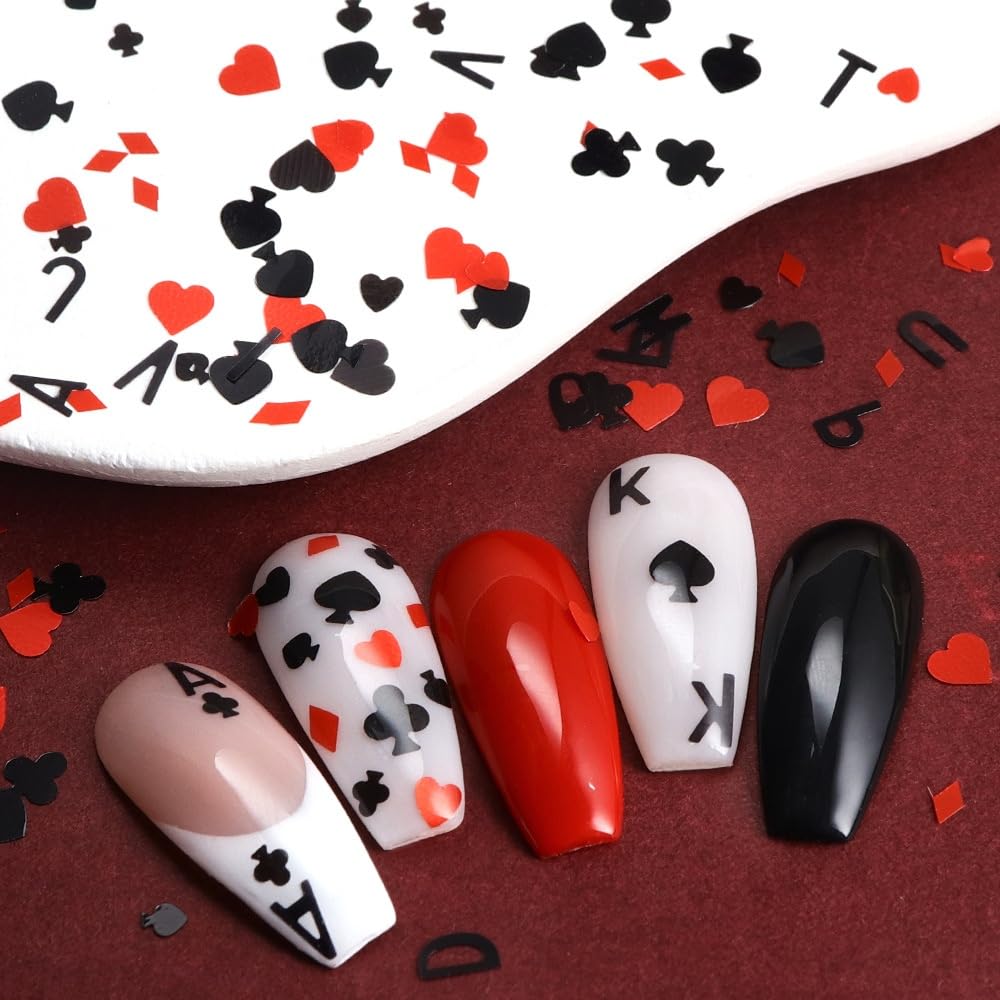 1 Box 2 Color Holographic Poker Nail Glitter Red Black Peach Hearts Nail Sequins 3D Letter Nail Flakes Sparkly Powder Flakes Shiny Nail Glitter Alphabet Nail Sequins Glitter for Nails Art 6 Grids