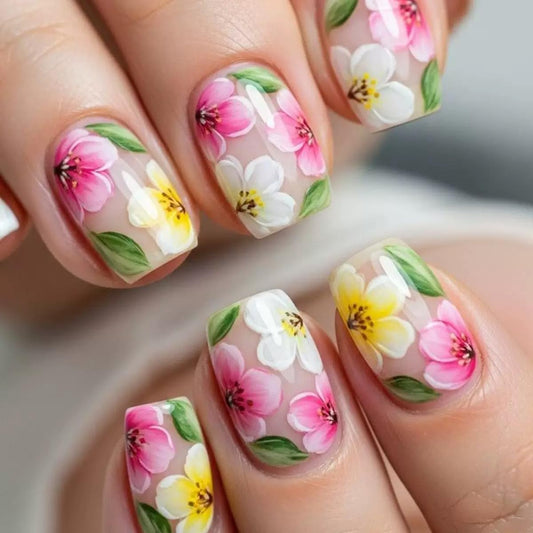 CTTHNBD Press on Nails Short - Square Fake Nails with Colorful Flower Design - Spring, Green Leaf False Nails for Women 24 Pcs