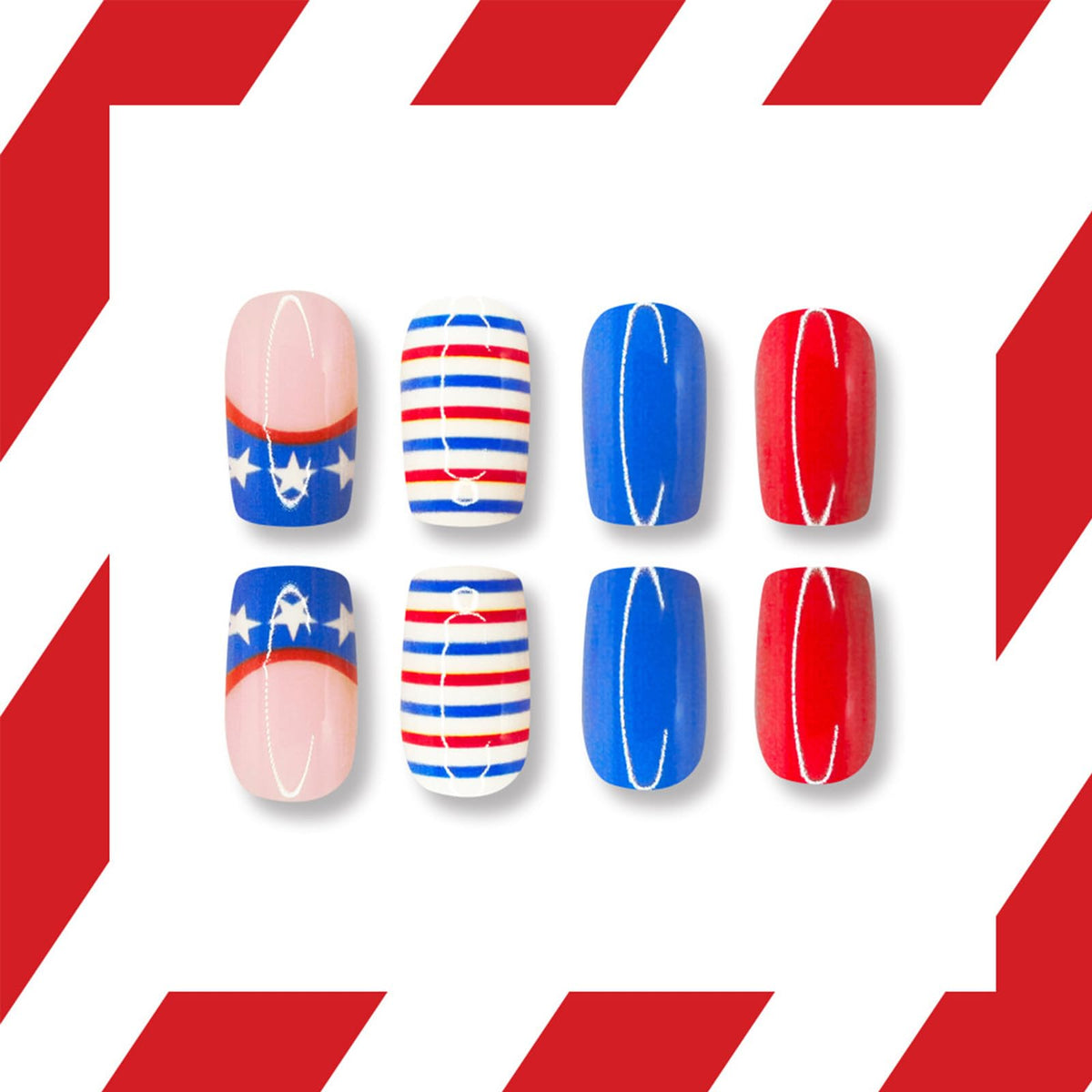 4th of July Press on Nails Medium Square Fake Nails Red Blue White Acrylic Nail with Star Stripes Design Independence Day Patriotic Nails Full Cover Stick on Nails for Women French Manicure 24Pcs