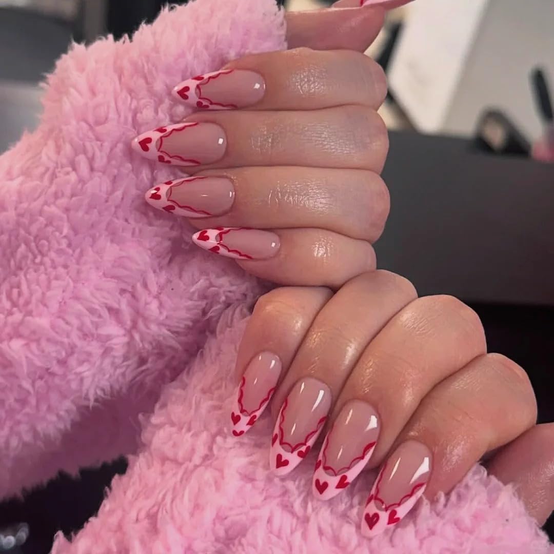Handmade Almond Heart Designs Pink French Tip Nails Press ons Glossy Glue on Nails Full Cover stick on nails for Women 10Pcs (MT-109, M)