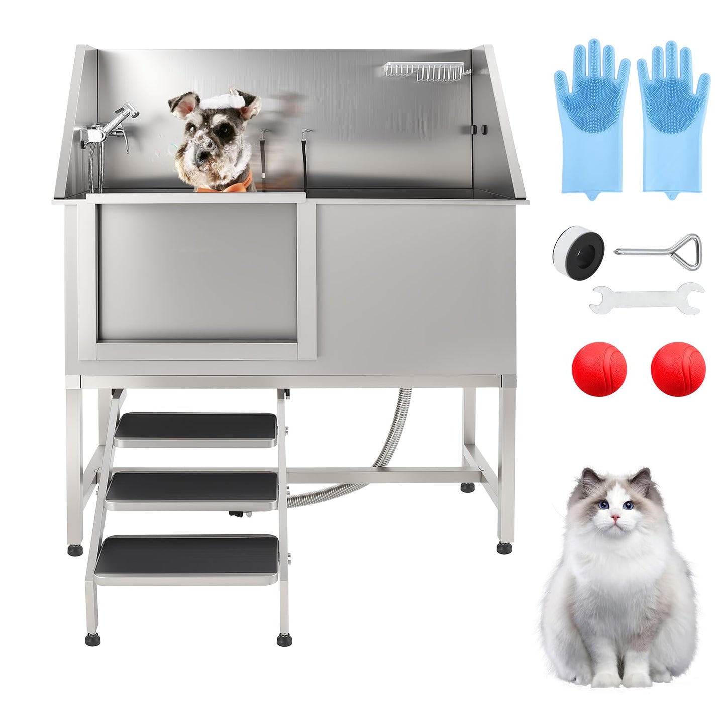 Patikuin Professional Stainless Steel Dog Grooming Bath Tub – Slide-in Ramp, Non-Slip Grate, Adjustable Height, Shower, Soap Box, Faucet – for Small, Medium & Large Breeds – Polishing Process Silver,