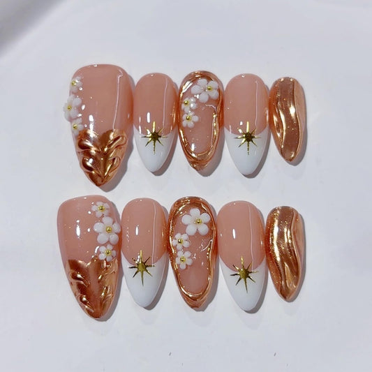 10Pcs Handmade Flower Press on Nails Almond Fake Nails French Tip False Nail with 3D Floral Rhinestone Design Handmade Acrylic Nails Press ons Spring Summer Flower Stick on Nails for Women (S)