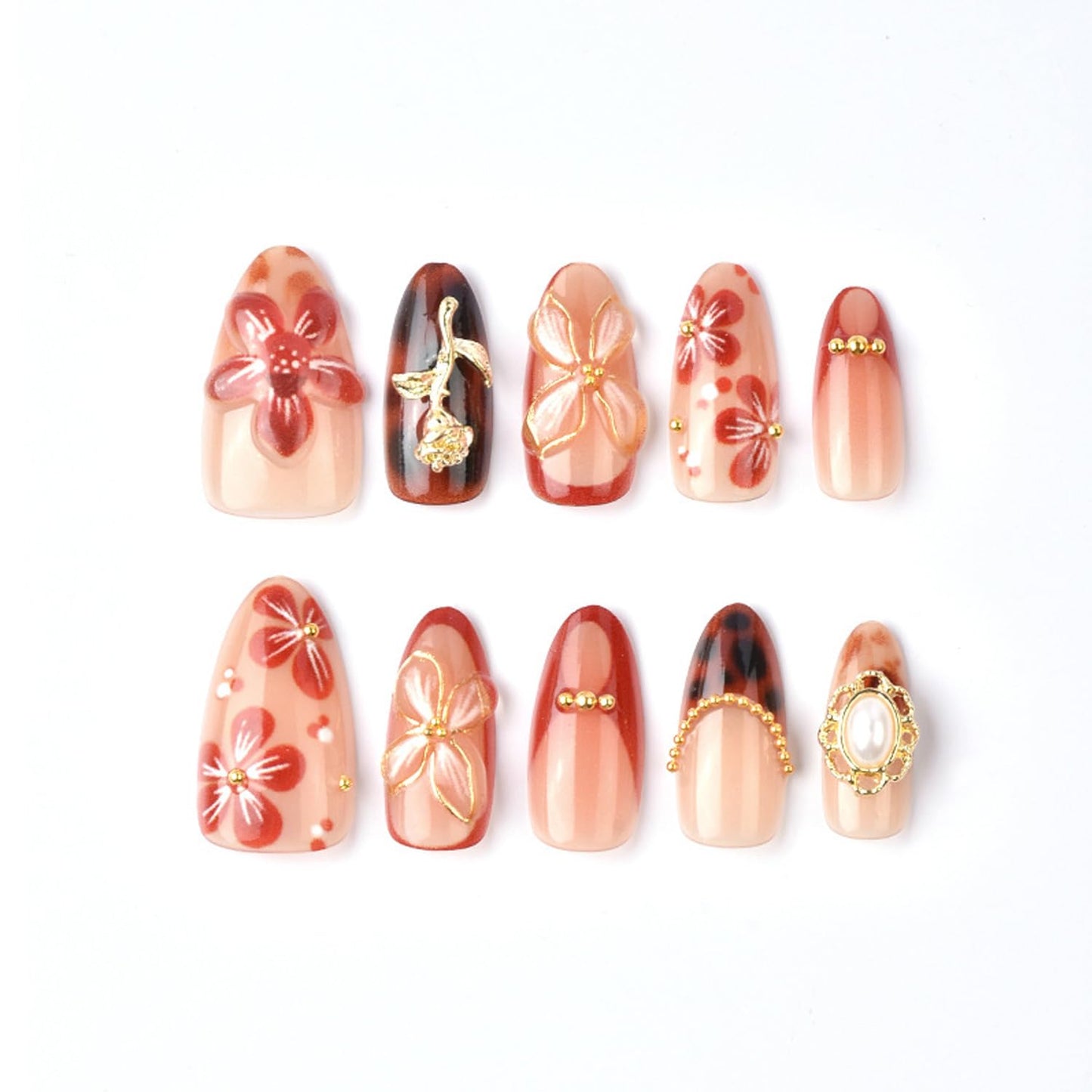 30Pcs Leopard French Tip Press on Nails Medium Almond Fake Nails with 3D Flower & Gems Design Valentine False Nails Rose Flowers Stick on Nails Glossy Fall Winter Floral Acrylic Glue on Nail for Women