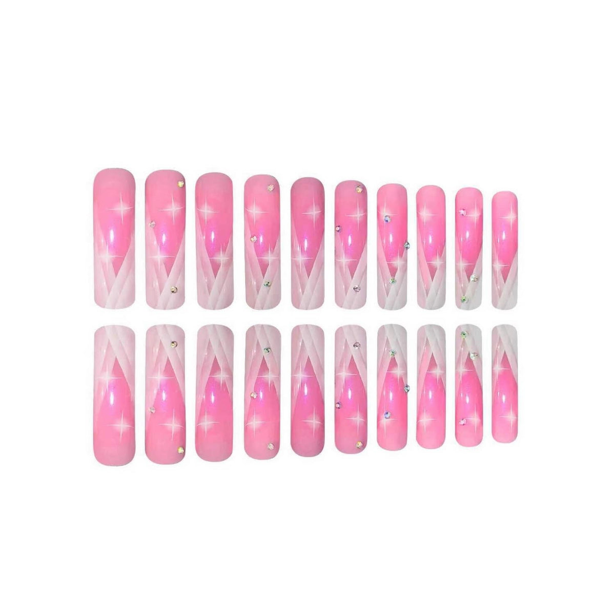 Curved Press on Nail Pink Fake Nails Glitter Acrylic Press ones with Rhinestones designs White French Tip False Nails Glossy Full Cover Cute Stick on Nail Gel Long Square Glue on Nails for Women