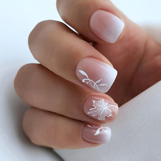 KTAABTR Gradient Press on Nails Short Square Fake Nails with Glue White Glossy Acrylic Nails Design White Maple Leaf False Nails Stick on Nails for Woman Girls