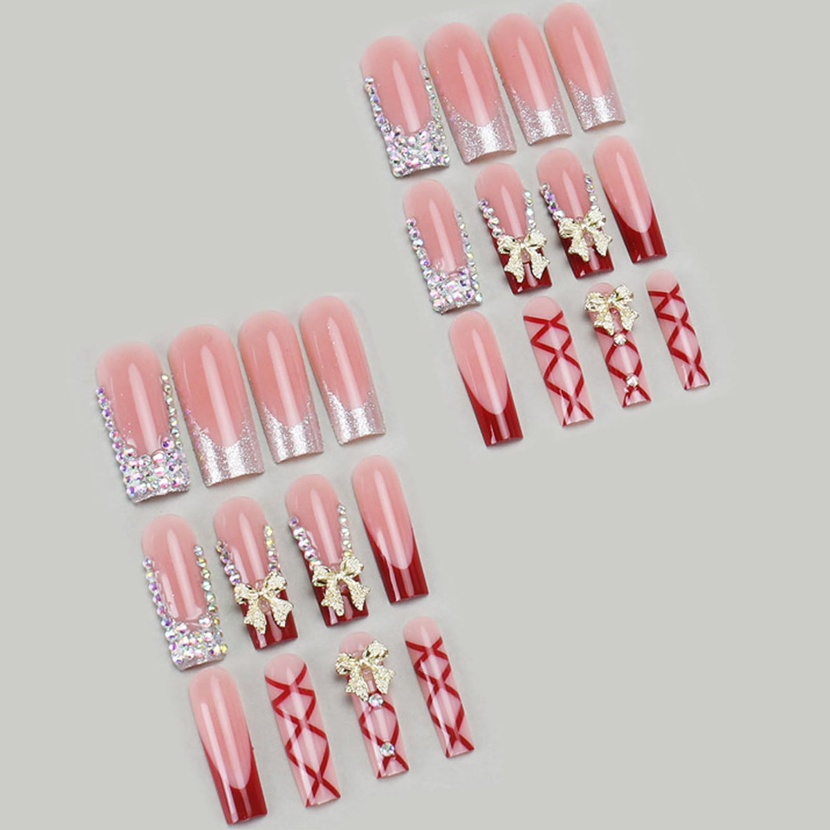 IMRAIN Long Square Press on Nails Rhinestones French Tips Fake Nails with Golden Bow Charms Designs Red Acrylic Glossy False Nails Luxury Glue on Nails for Women Girls