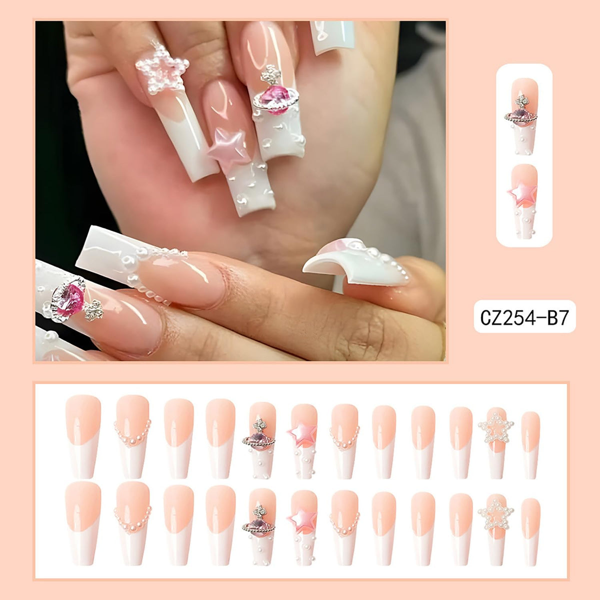 Vezocim Press on Nails Coffin Long French Tips Glossy Full Cover Acrylic Square Rhinestone Fake Nails with Star Gems Designs Extra Long False Nails Glue Stick on Fingernails with Charm for Women