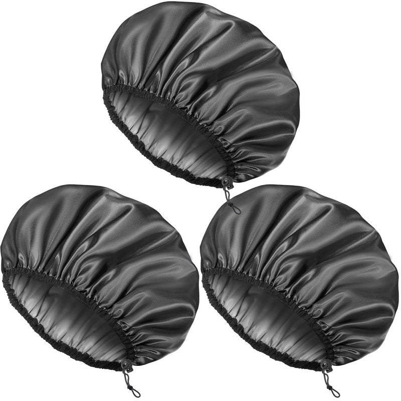 Auban Shower Cap for Women, Adjustable Reusable, Extra Large, Double-Layer Waterproof Bathing Cap, Waterproof Exterior, EVA Lining, Hair Cap for All Hair Lengths, 3 Balck Set