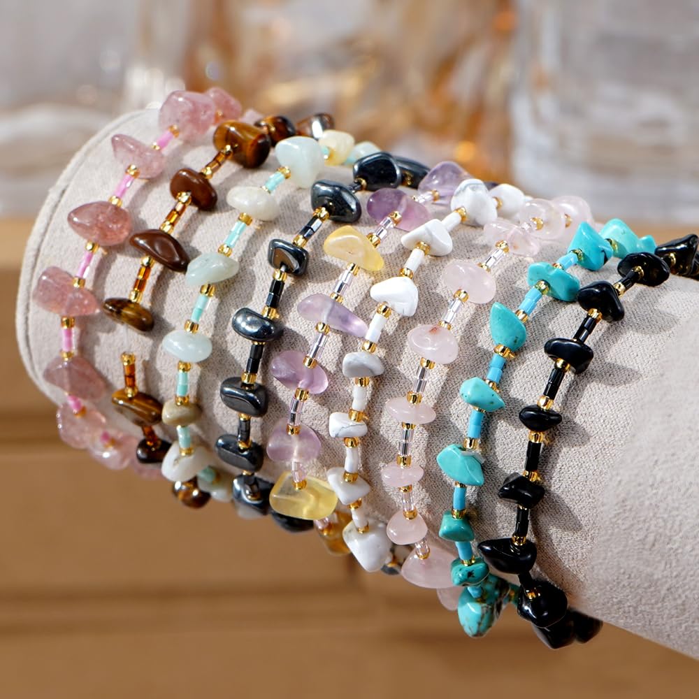 SHINUS BOHO Healing Natural Crystal Beaded Stretch Bracelet for Women,Handmade Boho Irregular Hematite Energy Stones Grounding Protection Strength Bracelet Summer Beach Fashion Jewelry Gift Friendship