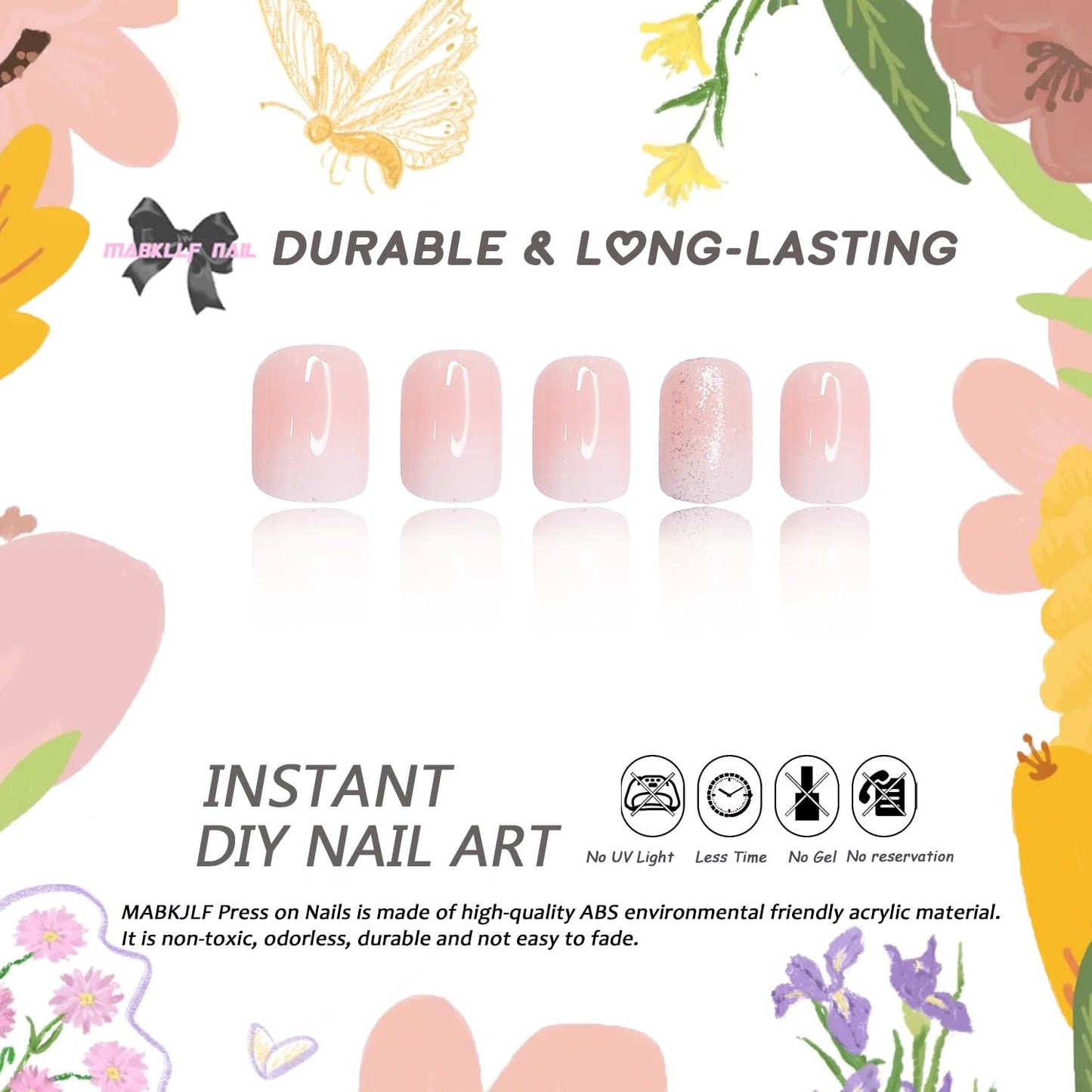 Ombre Press on Nails Short Square MABKJLF Fake Nails Pink&White False Nails with Glitter Designs Full Cover Glossy Glue on Nails Natural Nails Stick on Nails for Women Girls 24 Pcs