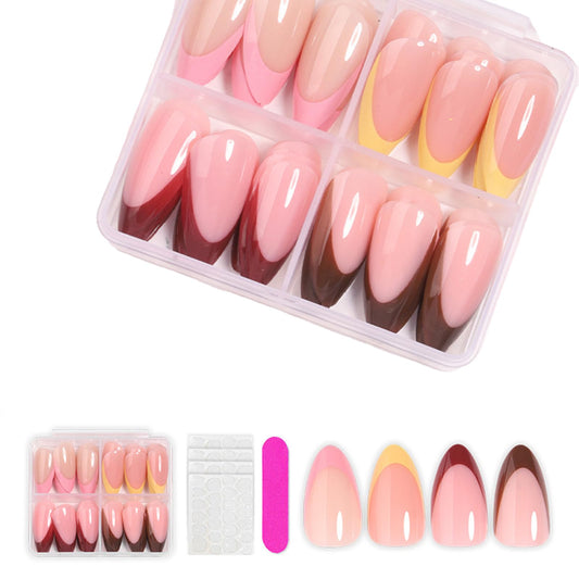 4Packs 96Pcs French Tip Press on Nails Medium Almond Fake Nails Glossy French Acrylic Nails Red Pink Yellow Nail Tips Glue on Nails Kit for Women Manicure Decoration Set 12 Size