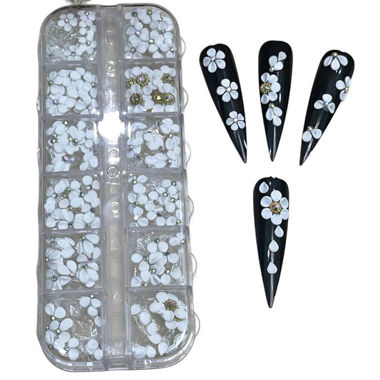 Set 132Pcs White 3D Flowers for Nails, Handmade 3D Acrylic Flowers for Nails, WeddingFlower Nail Charms Rhinestones Gems by Acrylic Powder Design Deco Nail Art Women Girls (Set White Mix 132)