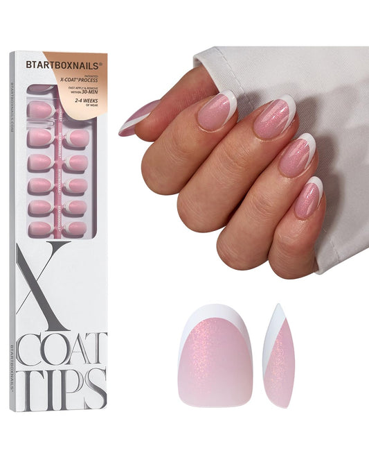 BTArtboxnails XCOATTIPS French Tip Press On Nails - Pink Glitter Base Short Oval Press On Nails, 96 Pcs Salon Quality Soak Off Soft Gel Nail Tips Extension in 16 Sizes