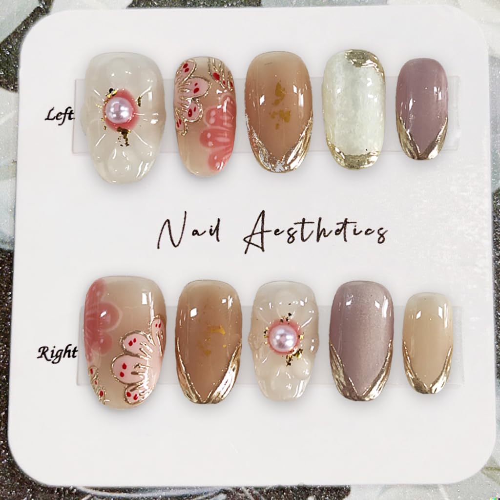 Press on Nails Almond Golden French Tips Nails Thick Acrylic and Muti-Layer Gel Fake Nails Handmade Acrylic Nails with Sweet Flower Pearl Design Full Cover Short Stick on Nails Nail Kits for Women (M)