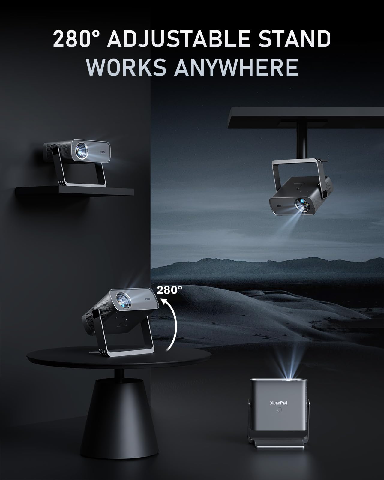 [Officially-Licensed App & Auto Focus]Grey Smart Standard Projector with WiFi and Bluetooth, XuanPad 4K Support Movie Projector, Portable Native 1080P Outdoor Projector with 360° Stand