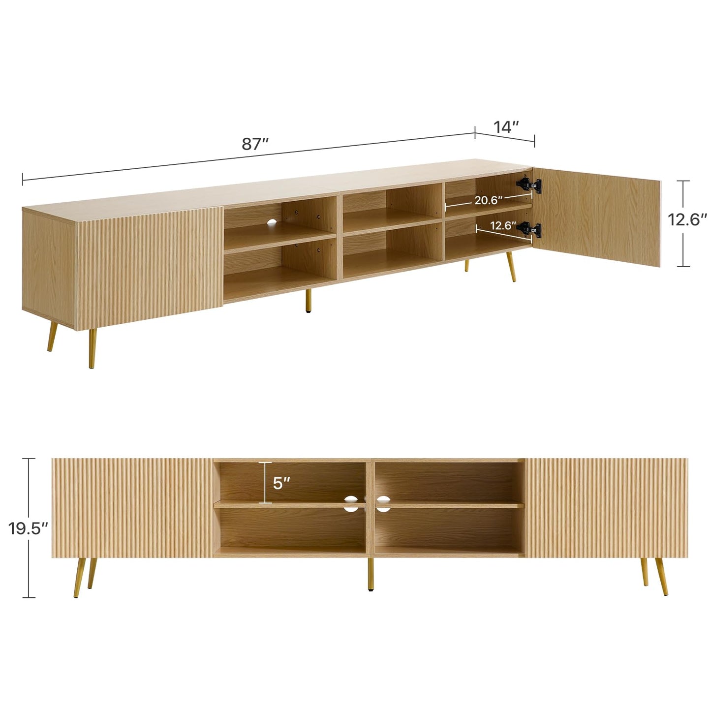 KIMOLST Modern 86in TV Stand for Living Room, Fluted Design Entertainment Center with Adjustable Shelves,Media TV Console Table with Storage for Bedroom,Nature