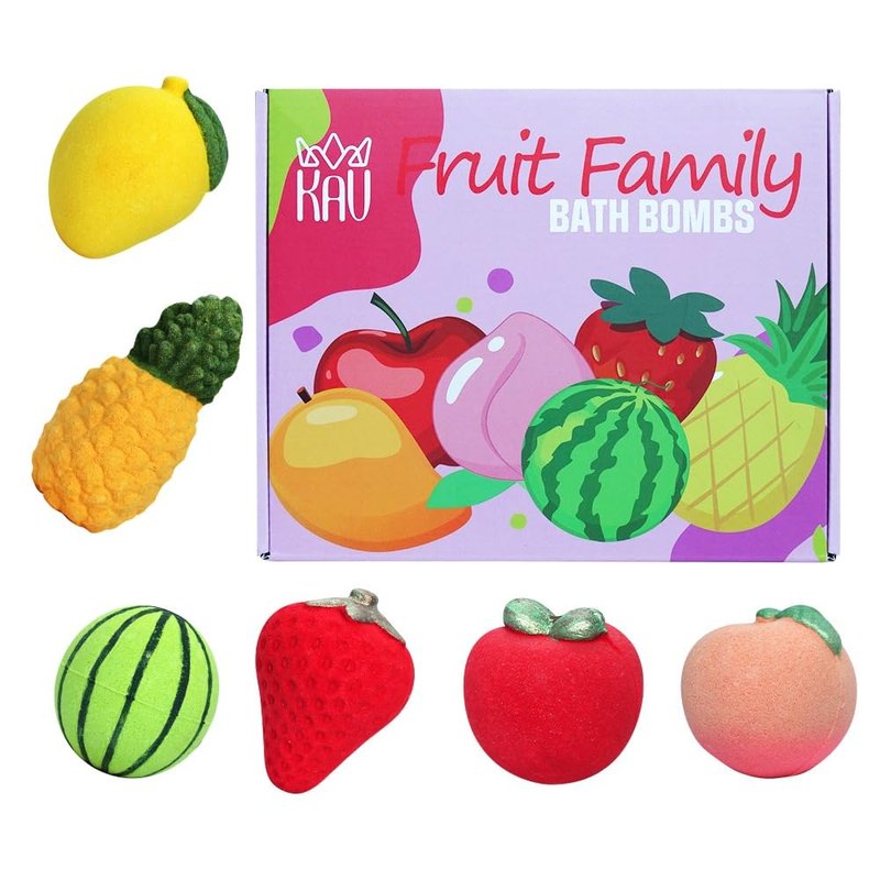 KAV Fruit Family Bath Bomb Set - 6Pcs Fruit Shaped Organic Bath Bombs for Kids, All Natural Scented Bubble Bath Bombs, Skin Safe & Non-Toxic bathbombs, Self Care Girlfriend Gifts for Spa Day