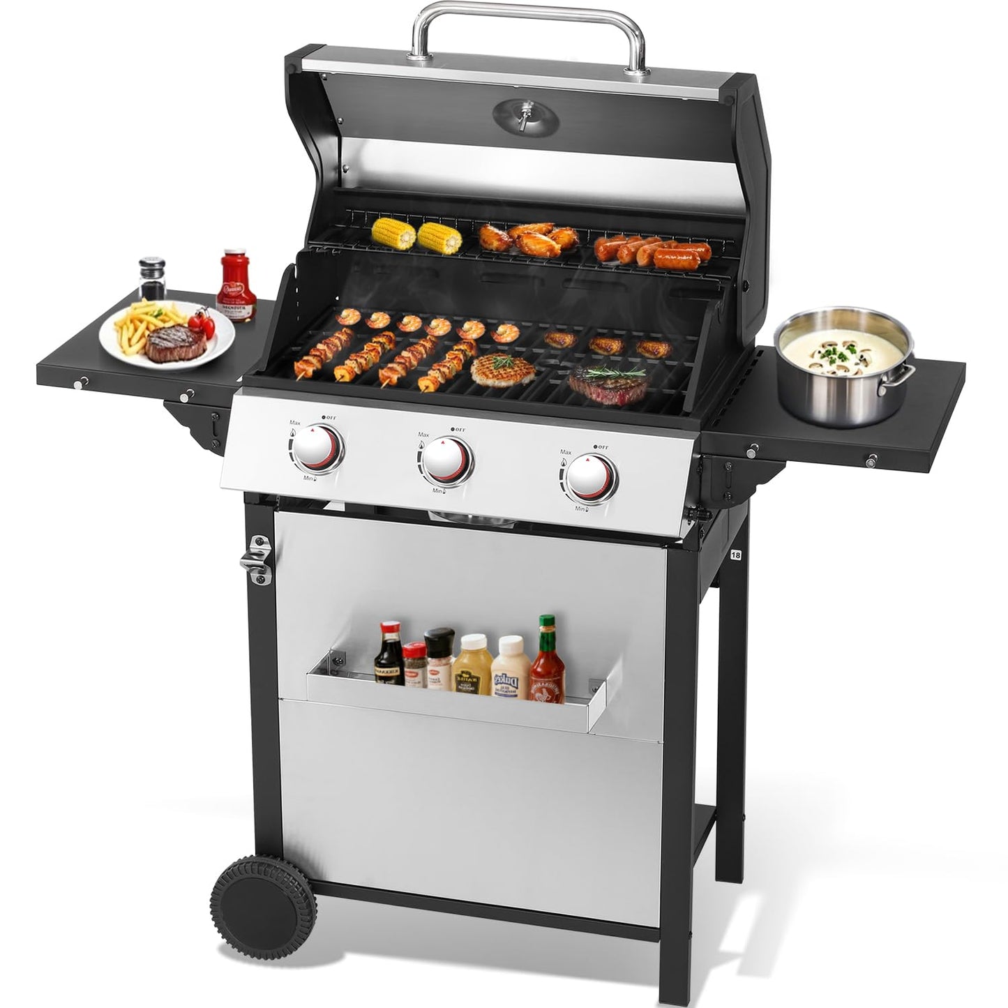 GRILL DEPOTS 3-Burner Propane Gas Grill with 2 Folding Sides, BBQ Grill with Wheels, Double-layer Stainless Steel Lid & Cast Iron Grates 30,000 BTU for Outdoor Backyard Patio