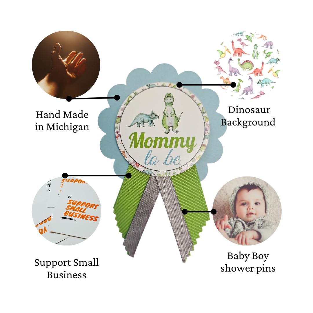 Dinosaur Baby Shower Pins for Mommy Daddy Jungle Family to wear, It's a Boy Blue Green Sprinkle (MOM & DAD PINS)