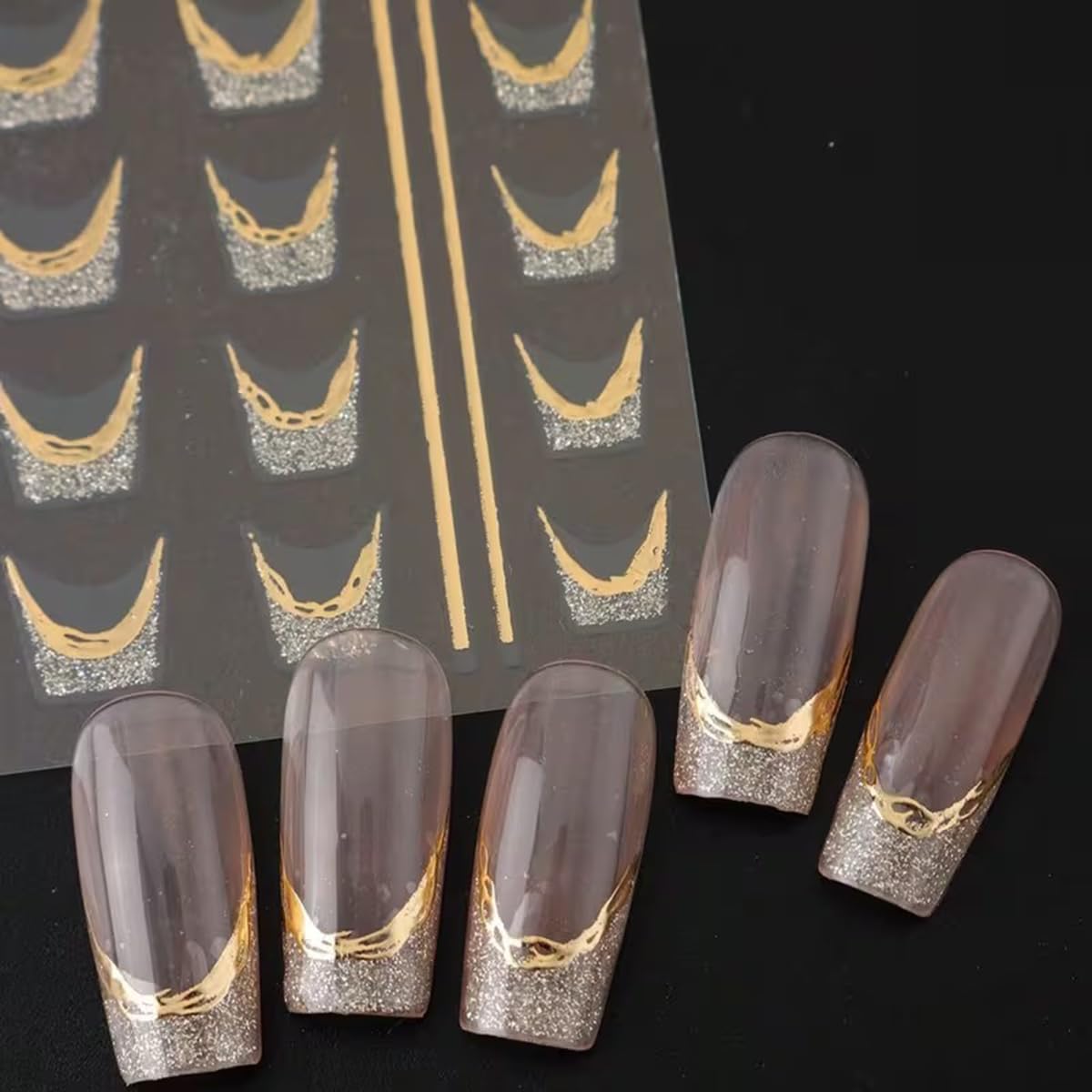 French Line Nail Art Stickers Golden Glitter French Tip Nail Decals Nail Art Supplies 6PCS Stripe Tape Wave Butterfly Nails Adhesive Sliders Manicure Sticker for Nails Women Daily DIY Nail Decorations