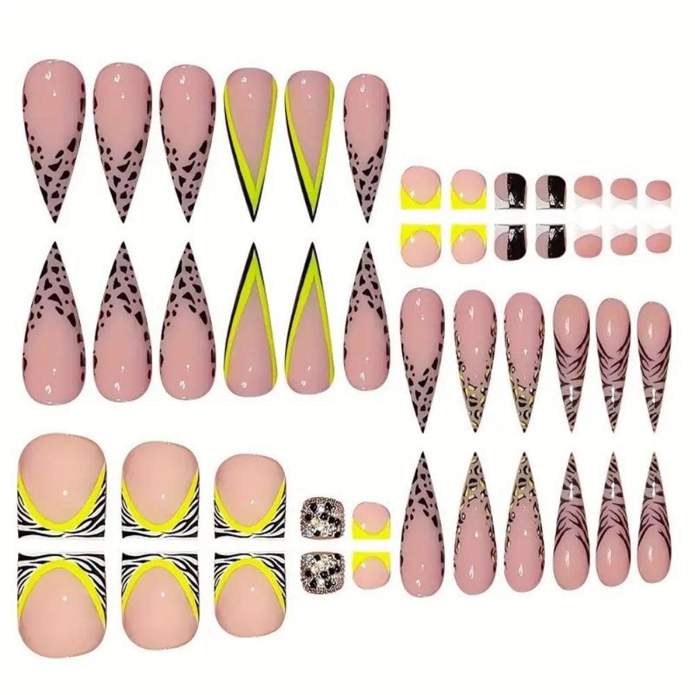 Leopard French Tips Press on Nails Long Almond Fake Nails with Green Striped Design Zebra French Tips Press on Toenails Rhinestones False Toenails Short Square Fake Toenails for Women Manicure 48Pcs