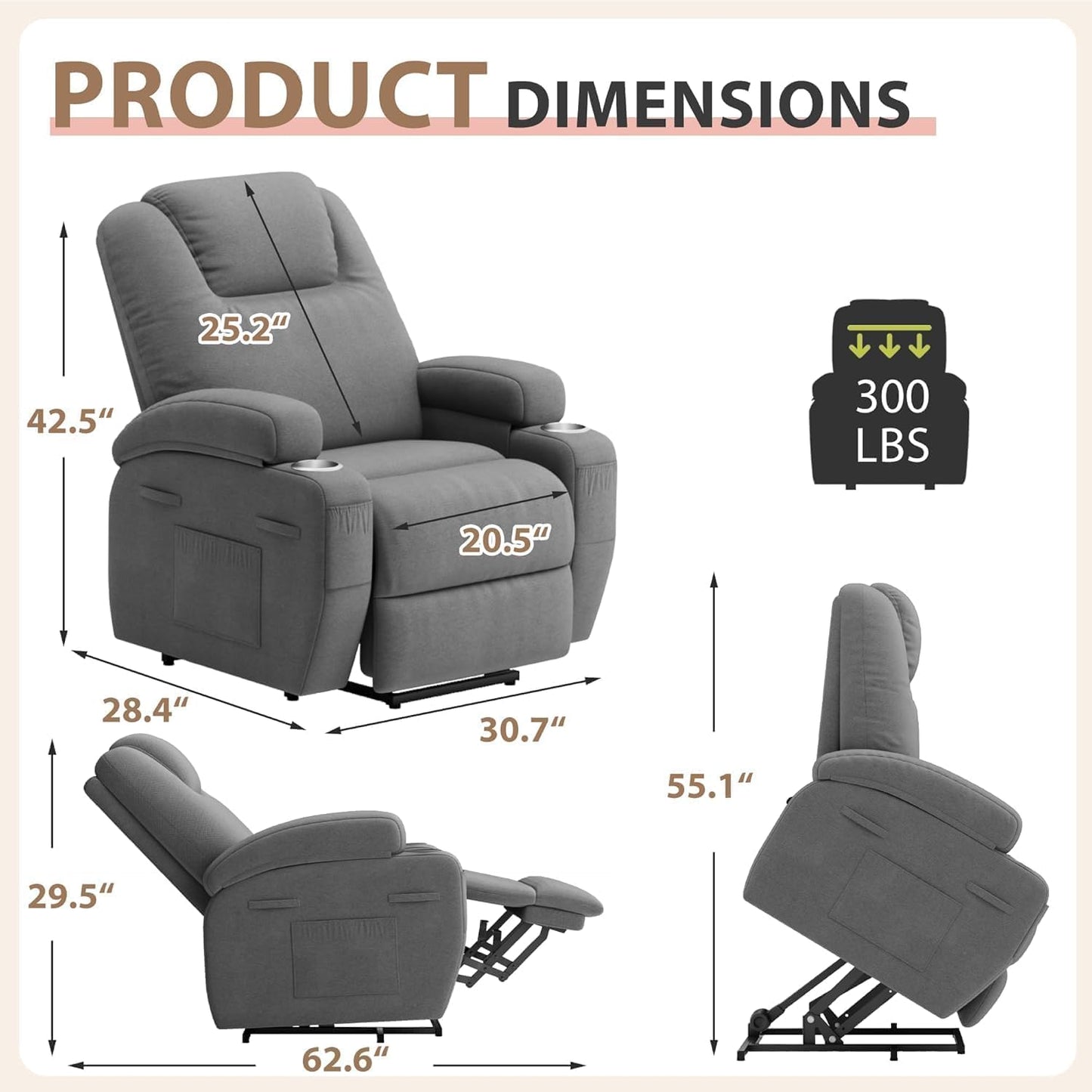 Flamaker Power Lift Chair Massage Recliner Chairs for Elderly - Ergonomic Design with Cup Holders & Side Pockets, Remote Control (Gray)