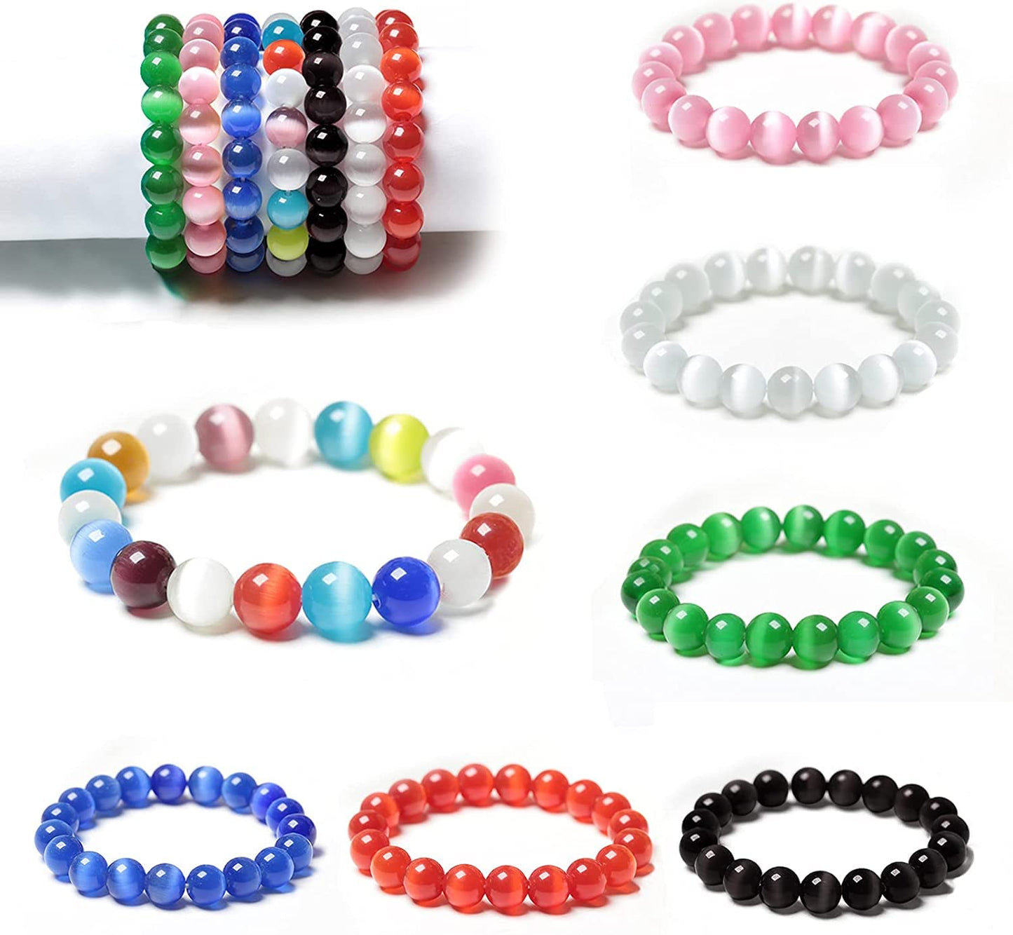 HAAMIIQII 8mm Golden Yellow Cat Eye Glass Round Crystal Stone Loose Gemstone Beads for Jewelry Making Bracelets Necklaces Earrings Crafts (45-50pcs)