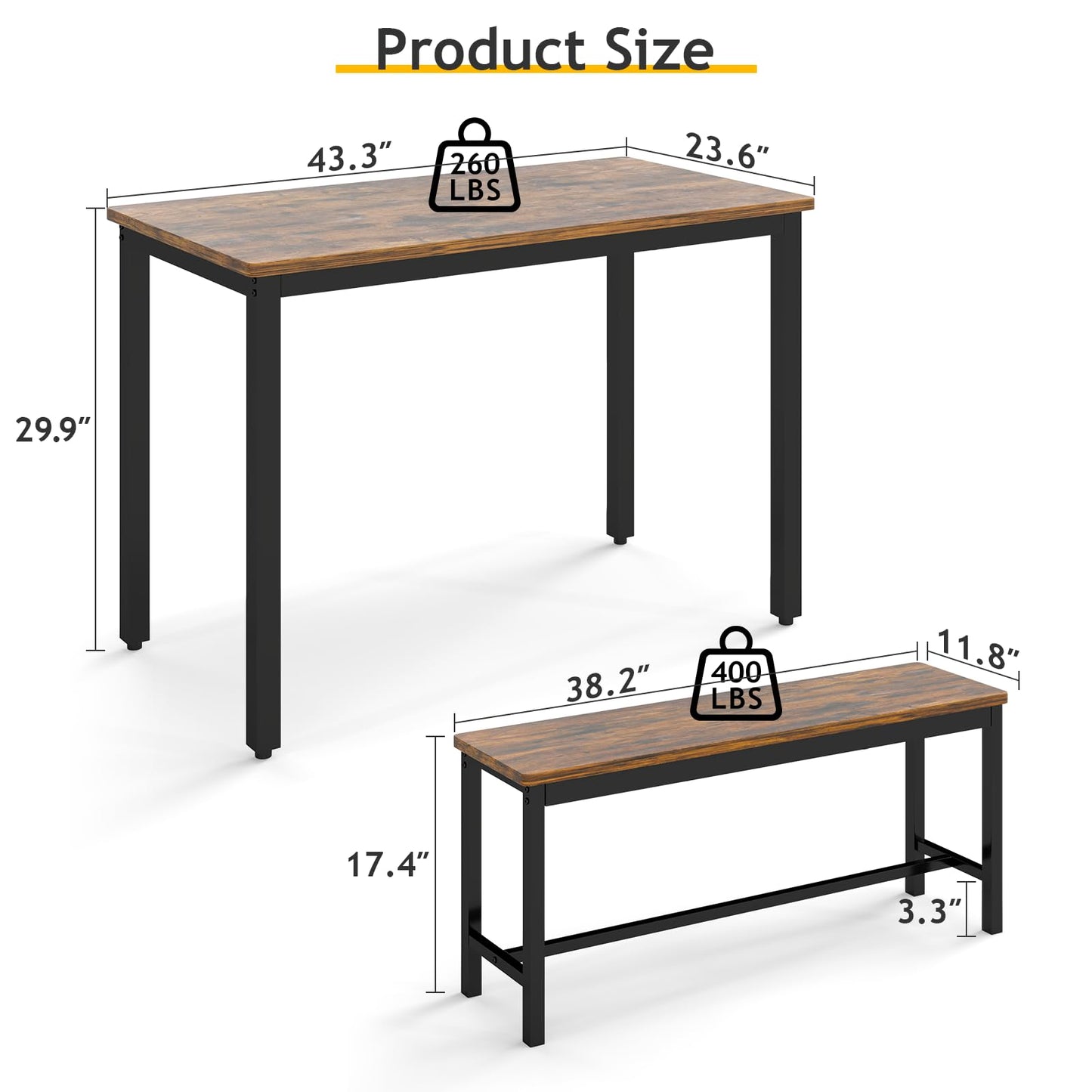 Rovibek 43" Dining Room Table Chairs Set for 4, Modern Space Saving Kitchen Table with 2 Benches & Adjustable Feet Breakfast Table, Wooden Industrial Style Farmhouse, Brown