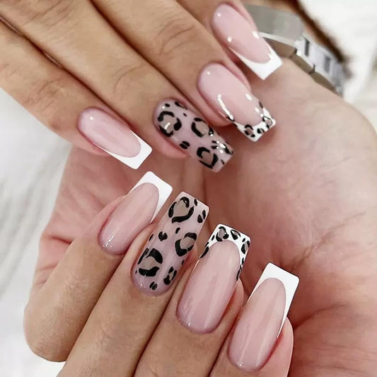 Medium Press on Nails Coffin - White French Tip Fake Nails with Leopard Print Design - Glossy Full Cover Stick on False Nails - for Women 24 Pcs