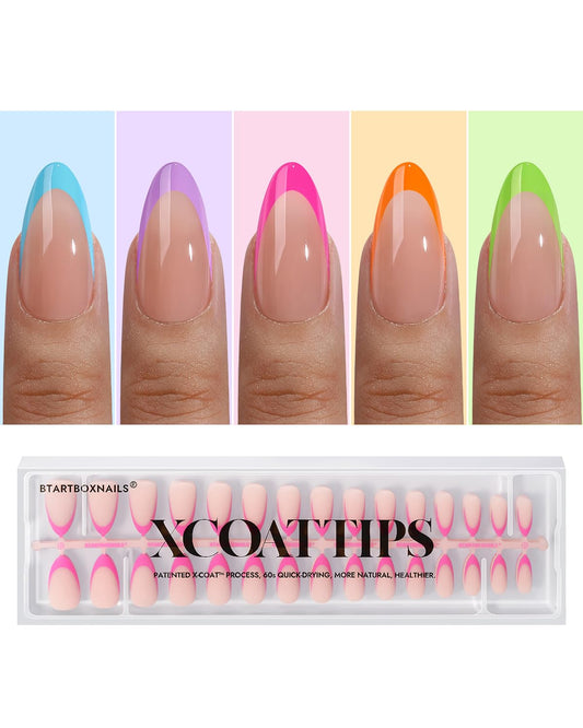 BTArtboxnails XCOATTIPS Brighter Pastel French Tip Press On Nails - Medium Almond Press On Nails, Soft Gel Nail Tips, 150Pcs Soak Off Acrylic Colorful Fake Nail Extension in 15 Sizes
