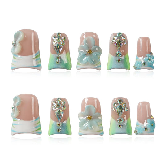 Tesytto Luxury Press On Nails Handmade Short Duck Nails, Mint Green Ombre French with 3D Floral Charms, Bling Crystal False Nails, Glossy Art Designs Reusable Acrylic (Misty Blue Floral Glitz,M)