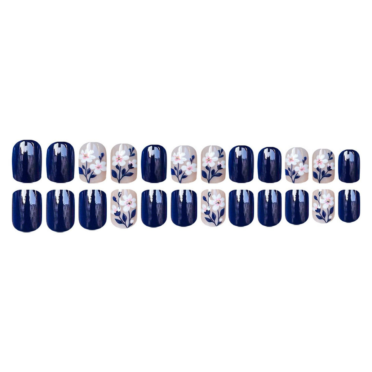 24pcs Blue Press on Nail Flower Fake Nails Glossy Full Cover Stick on Nail with Acrylic designs Floral Glue on Nails Reusable Short Square False Nails for Women Spring Summer Work Manicure