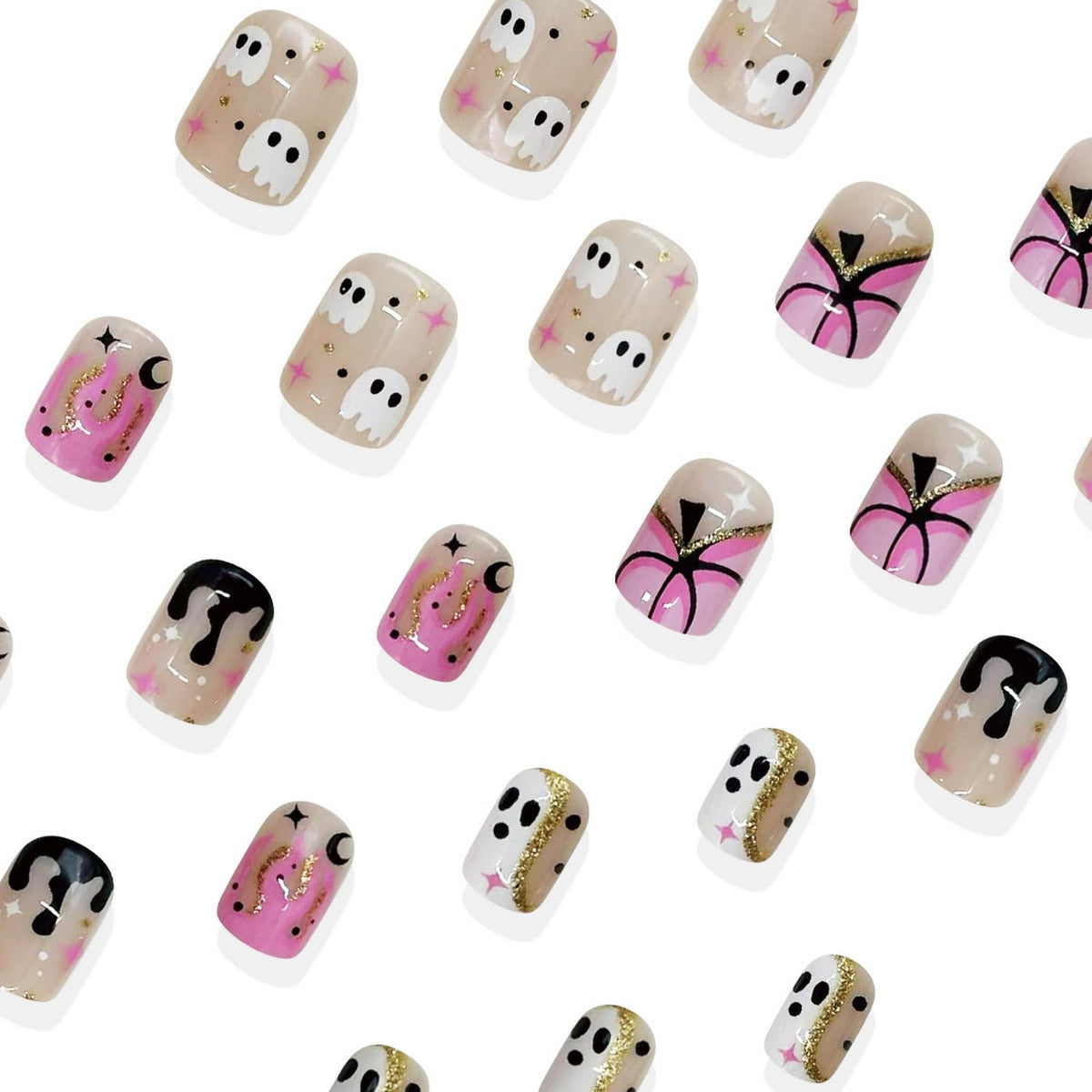 Pink Press on Nail Halloween Short Square Fake Nails Full Cover Cute Glue on Nails Pumpkin Blood Ghost designs Acrylic Gold Glitter Stick on Nail Reusable Halloween False Nails for Women Party24pcs
