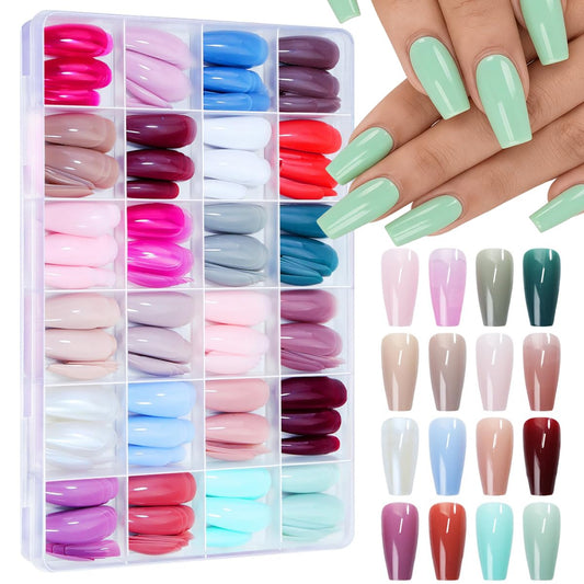 Coffin Press on Nails Medium Fake Nails 24 Solid Color Design Nails Press Ons Glossy False Nails Reusable Artificial Acrylic Glue on Nail for Women Nail Art Decoration 576Pcs