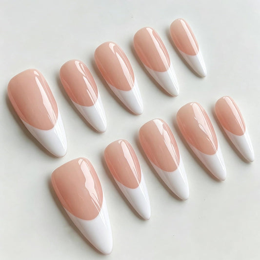 Luxury Press on Nails Long Almond Handmade Unique Reusable ABS Material Fake Nails White French Tip False Nails Elegant Glossy Glue on Nail Thick Acrylic Nail(S)