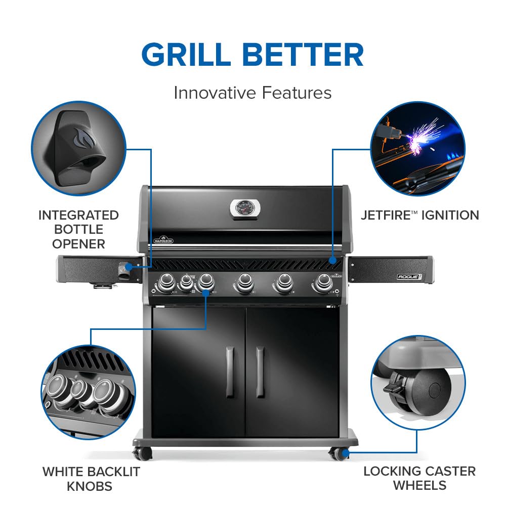Napoleon Rogue PRO 625 Propane Gas Grill with Infrared Side Burner, Black, Durable 6-Burner Backyard Grill