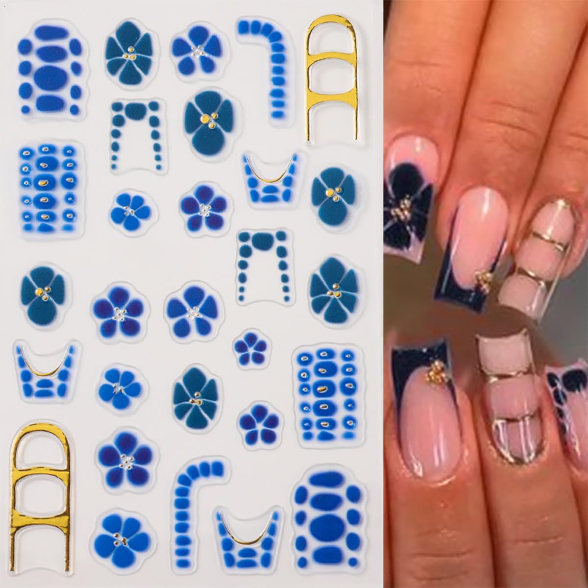 4 Sheet Flower Nail Art Stickers Golden Gilding French Design Nail Stickers 3D Self-Adhesive Exquisite Line Nail Decals Leopard Print Nail Art Decals Fall Flower Nail Supply for Women DIY Manicure