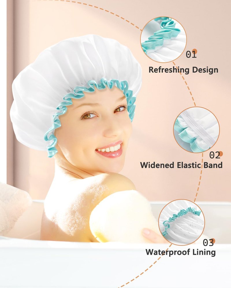 mikimini White Shower Cap for Long Hair 1 Pack, 12 inch large size,Waterproof Washable Hair Caps for Women and Girls, Super Cute and Extra Large
