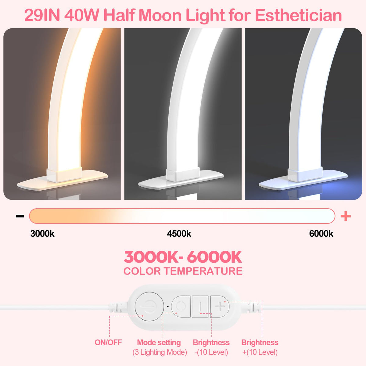 Kadden Foldable Large Half Moon LED Light,29" Arch Light with Rhinestone-Encrusted for Table Nail Desk with Phone Stand, Upgrade Arch Light for Nail Techs (White, Large)