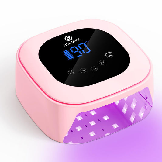 HELIVIVE Cordless UV LED Nail Lamp, 80W Rechargeable Nail Dryer with 4 Timers, Atmosphere Light & Mirror Base, UV Light for All Gel Nails, Ideal for Training,Nail Art Practice,Home & Salon Use (Pink)