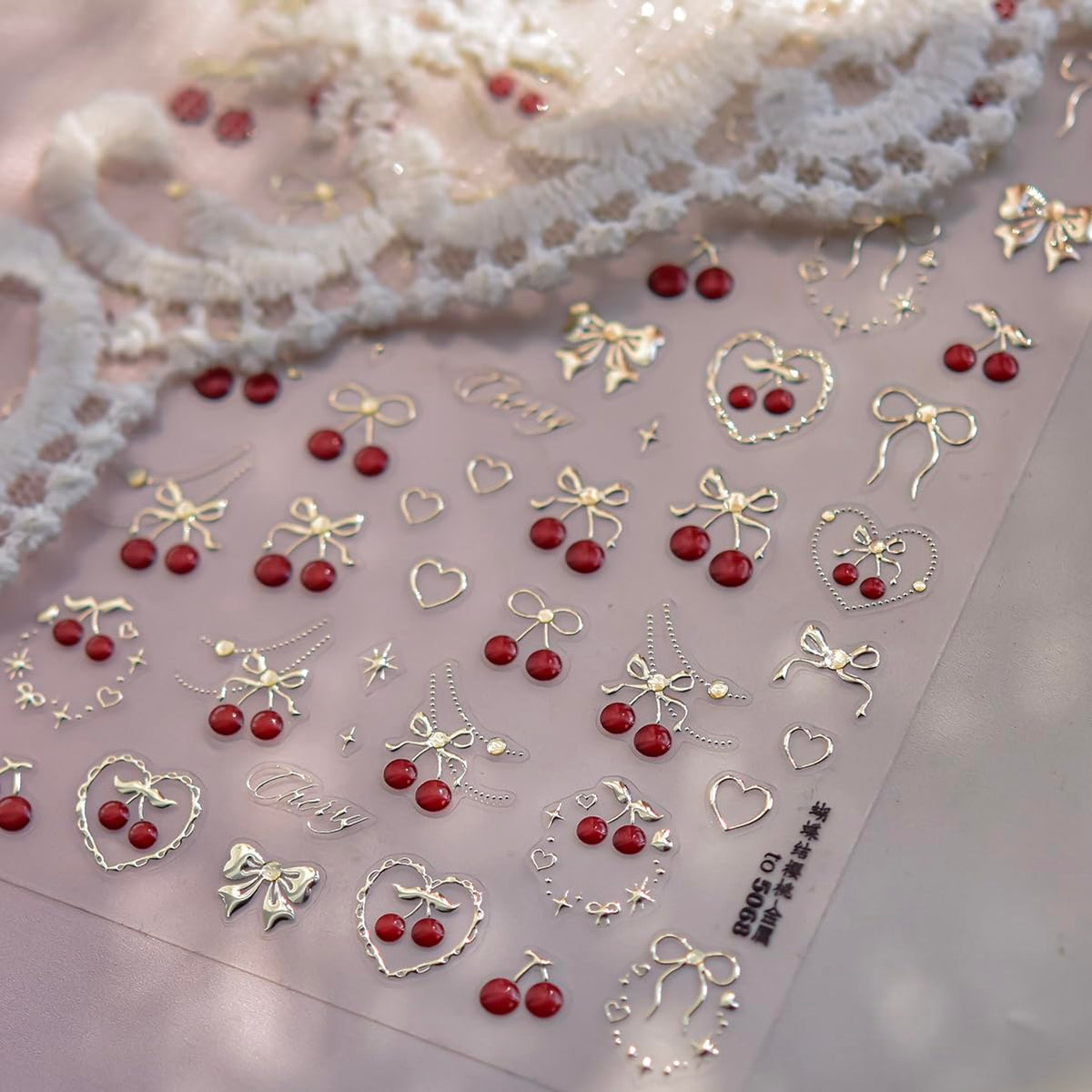Phuryllic 3D Nail Stickers for Nail Art, Embossed Self-Adhesive Cute Nail Charms & Decals for DIY Nails, Easy-to-Apply Nail Design Supplies & Accessories for Home Manicure-Cherry for Valentine's Day