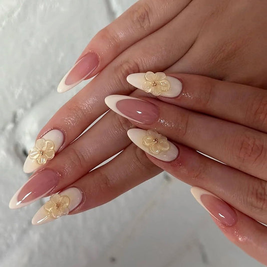 Flower Press on Nails Medium Almond Fake Nails Press ons with Yellow Floral Designs Yellow French Tip Nails Glossy Acrylic Nails Full Cover Spring Glue on Nails for Women Manicure 24Pcs