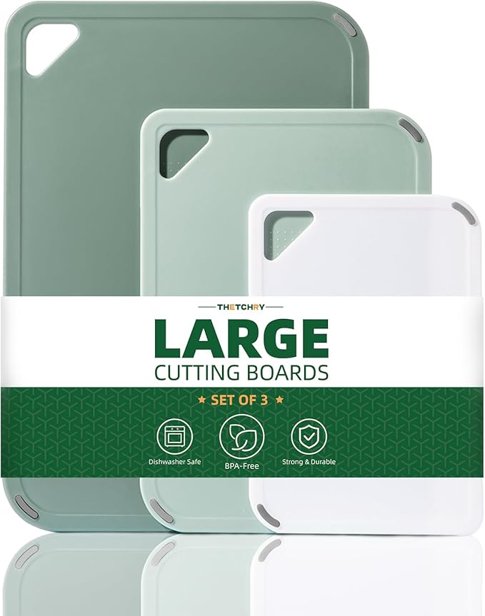 THETCHRY Plastic Cutting Board Set of 3-Cutting Boards for Kitchen BPA Free, Large-Small Chopping Boards Non-Slip for Cooking Camping Dishwasher Safe, Reversible, with Grip Handle, 15"Ã10"Ã0.25" Green